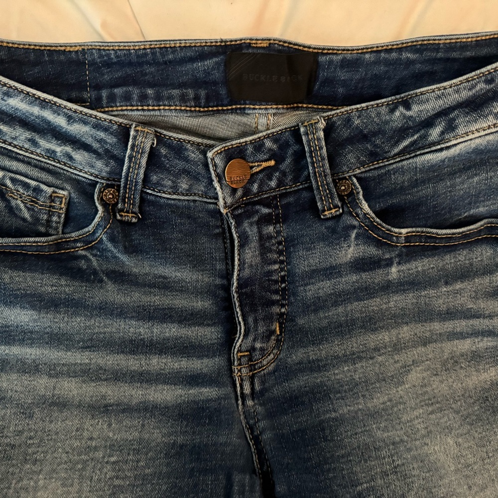 BKE Boot Cut Jeans Medium to Dark Wash with Authentic Distressing